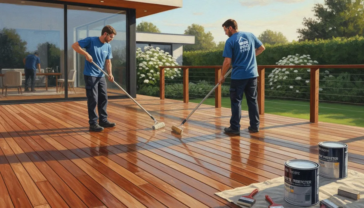 Dallas Paint Pros sealing a wooden deck in Dallas, TX for weather protection and curb appeal