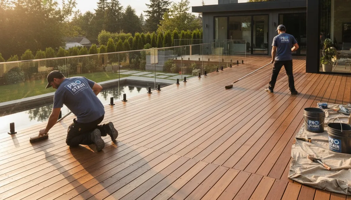 Dallas Paint Pros staining a wooden deck in Dallas, TX for weather protection and curb appeal