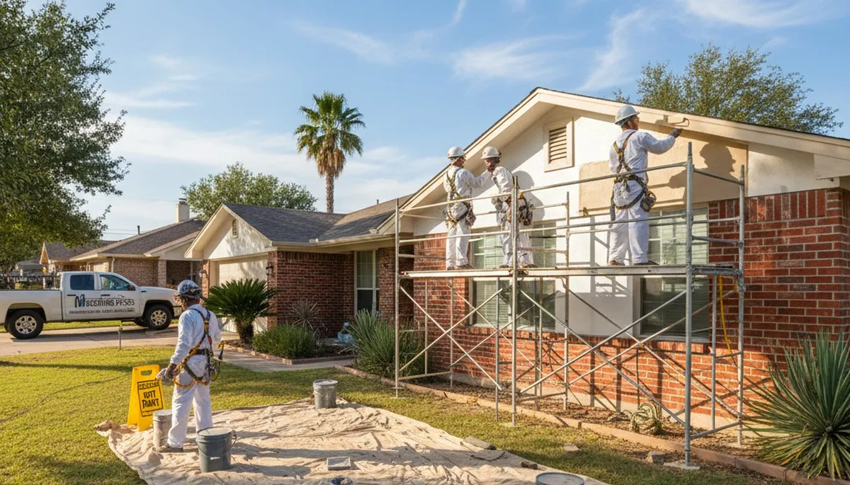 Dallas, TX painting service crew preparing a home exterior for professional repainting